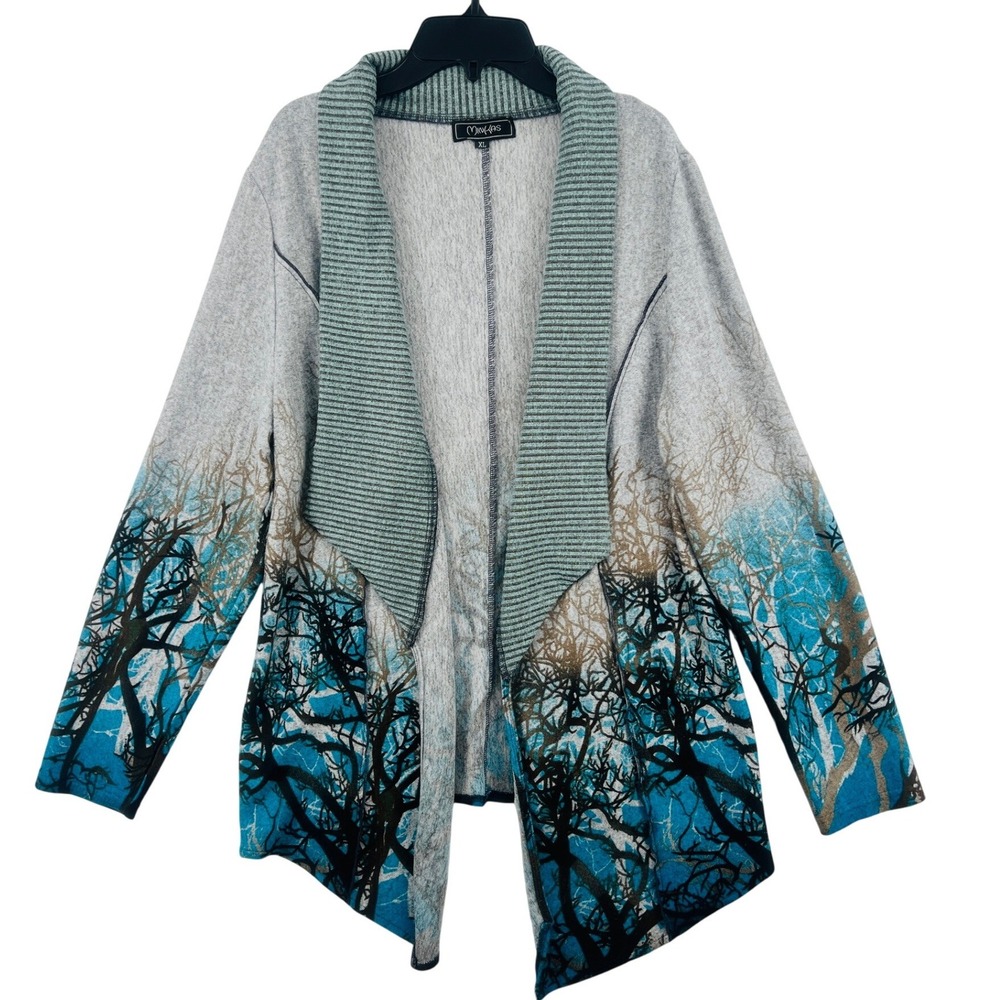 MinKas Landscape Print Cardigan Womens XL Grey Teal Forest Open‎ Front Draped